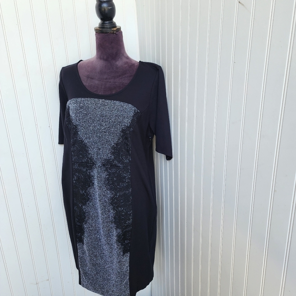 Lane Bryant Dress Womens Black Gray Stretch Knit Lace Shoulders Short Sleeve 14 - Picture 3 of 13